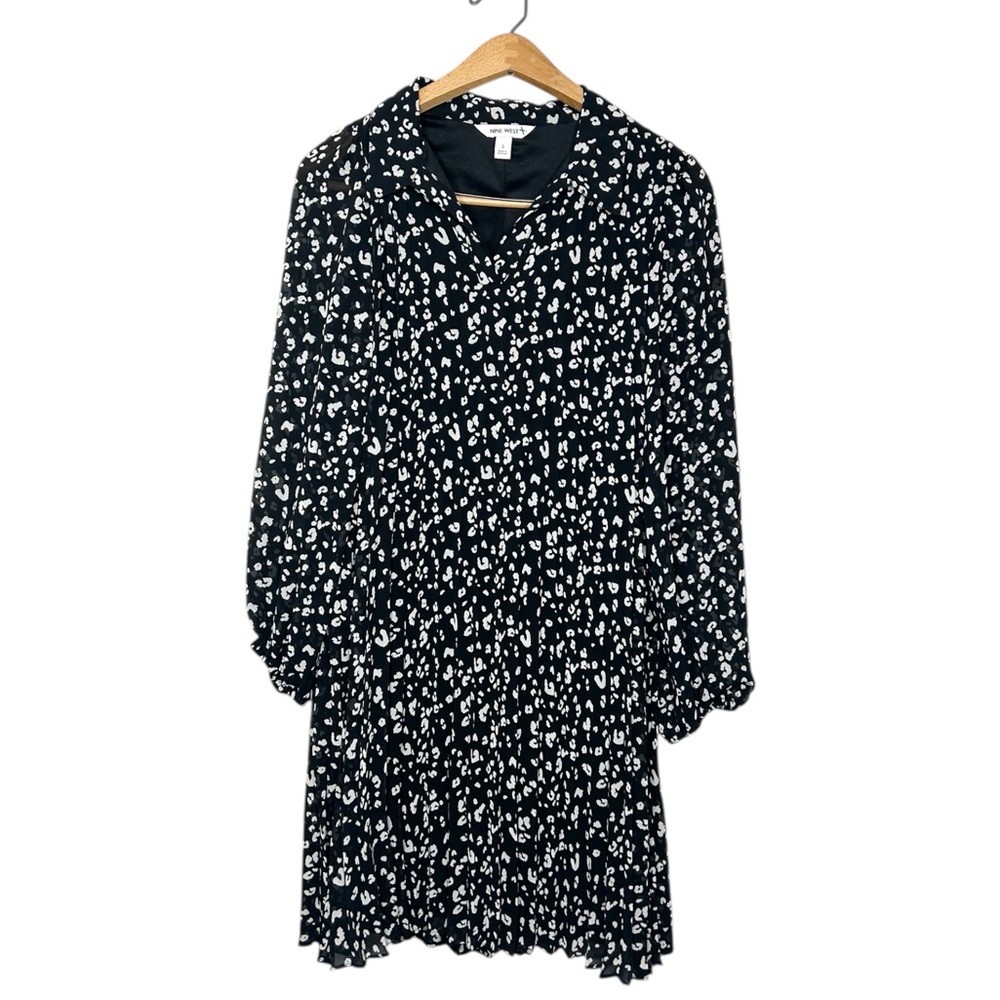 Nine West Black White Animal Print Long Sleeve Pleated Mini Dress‎ Small S